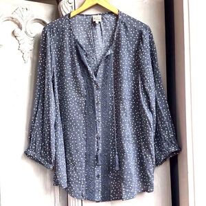 Women’s Blouse Sz 3X Boho Peasant Flowy Top Blue & White Polka Dot 3/4 Sleeve